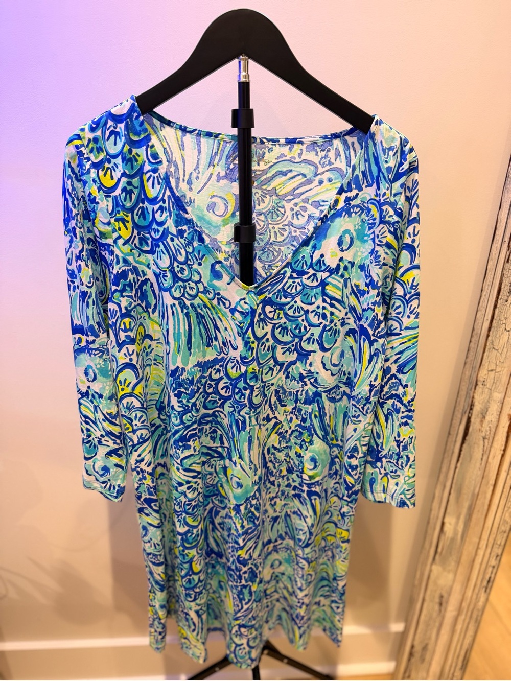 Lilly Pulitzer Blue, Aqua & Lime Printed V-Neck Dress